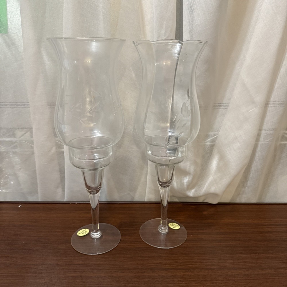 Set of 2 Princess House 428 Heritage Crystal Etched 2 Pc Hurricane Candle Holder